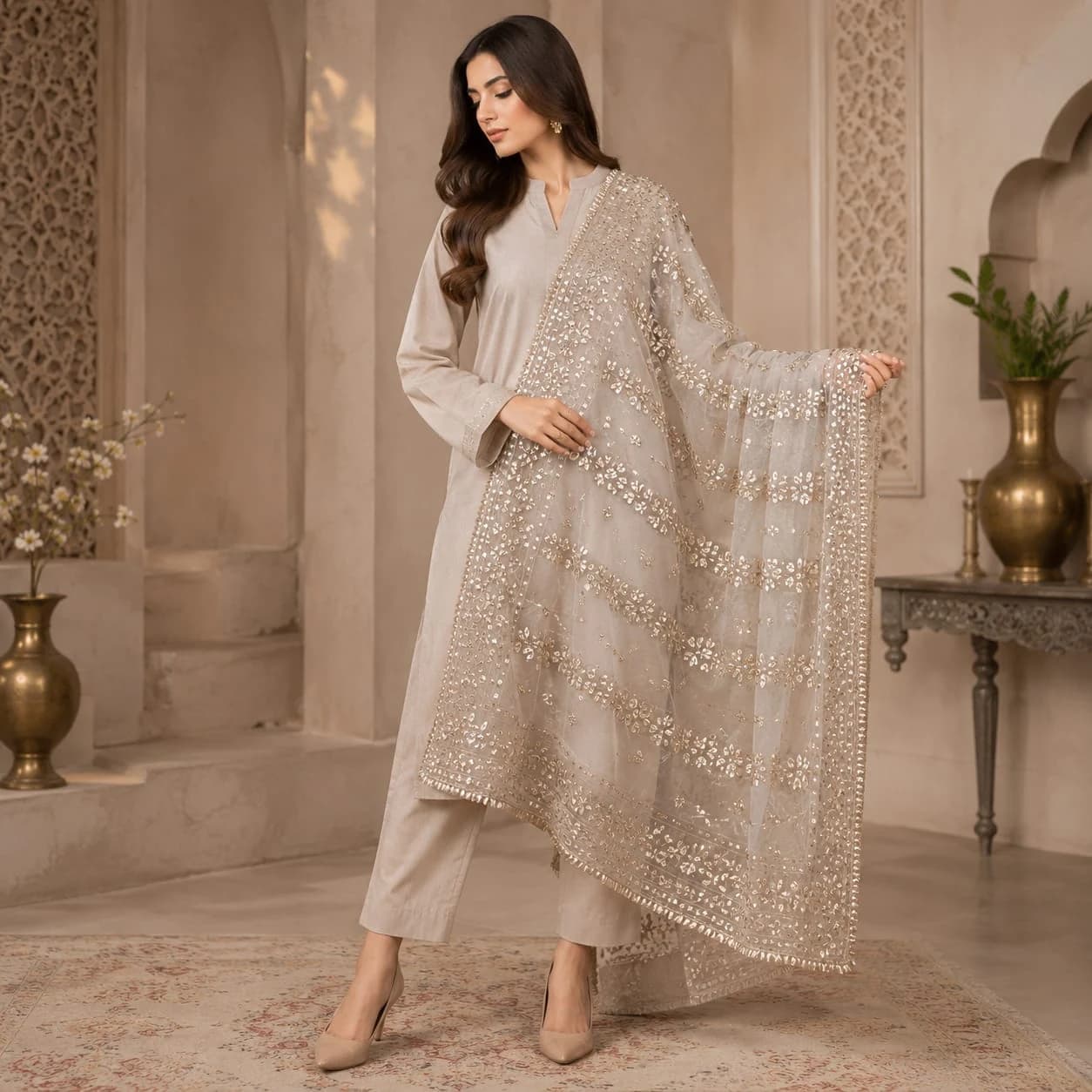 The Noor Gown — Ivory organza, softly gathered.